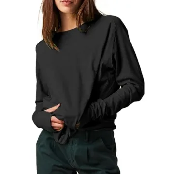 ELGOGY Women's Oversized Long Sleeve Shirts Casual Crewneck Workout Tunic Tops Loose Slouchy Tee with Thumb Holes Black L