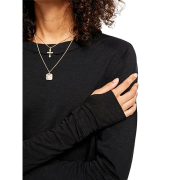 ELGOGY Women's Oversized Long Sleeve Shirts Casual Crewneck Workout Tunic Tops Loose Slouchy Tee with Thumb Holes Black L