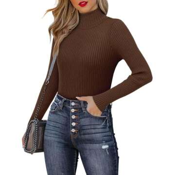 ONLYSHE Women's Turtleneck Shirts Casual Fall Long Sleeve T Shirts Ribbed Knit Sweater Slim Fit Basi...