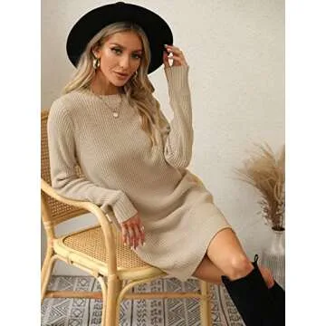 Pretifeel Womens Sweater Dress Fall Winter Casual Crew Neck Long Sleeve Knitted Pullover Dress Khaki