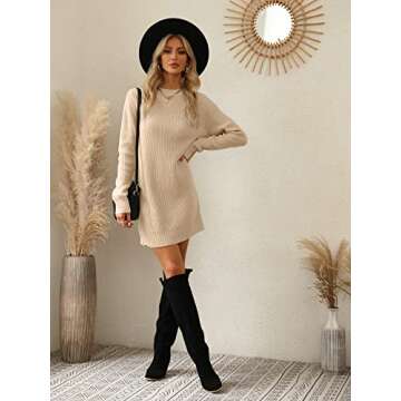 Pretifeel Womens Sweater Dress Fall Winter Casual Crew Neck Long Sleeve Knitted Pullover Dress Khaki