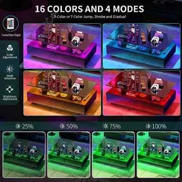 YITAHOME LED Coffee Table with Storage, High Glossy LED Coffee Tables for Living Room, Modern Black Rectangle Coffe Table, Small Center Table with Open Display Shelf & Sliding Drawers, Black