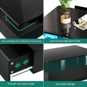 YITAHOME LED Coffee Table with Storage, High Glossy LED Coffee Tables for Living Room, Modern Black Rectangle Coffe Table, Small Center Table with Open Display Shelf & Sliding Drawers, Black