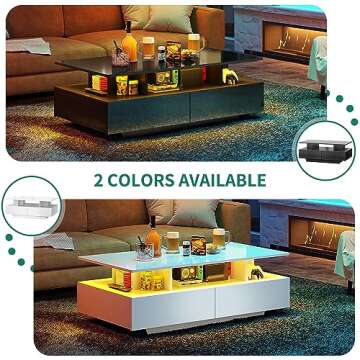 YITAHOME LED Coffee Table with Storage, High Glossy LED Coffee Tables for Living Room, Modern Black Rectangle Coffe Table, Small Center Table with Open Display Shelf & Sliding Drawers, Black