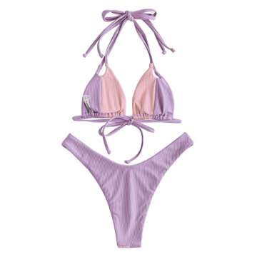 ZAFUL Women's Dot Print High Cut Cross Triangle Bikini Set Two Piece Swimwear (1-Purple, S)