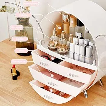 Ihuiniya Makeup Storage Organizer Box，Cosmetics storage display rack with drawer，Waterproof, dustproof, elegant display cabinet，Suitable for bathroom countertop, bedroom dresser (Medium Pink)