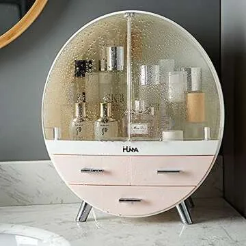 Ihuiniya Makeup Storage Organizer Box，Cosmetics storage display rack with drawer，Waterproof, dustproof, elegant display cabinet，Suitable for bathroom countertop, bedroom dresser (Medium Pink)