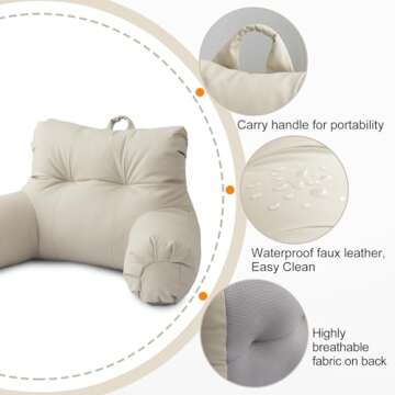 A Nice Night Faux Leather Reading Pillow for All Season,Wedge Bedrest Pillow Backrest with Arms Back Support for Sitting Up in Bed/Couch,Natural