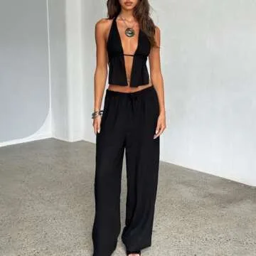 Mxiqqpltky Women Sexy 2 Piece Outfits Stripe Tie Up Halter Neck Sleeveless Backless Cut Out Top and Loose Pants Set Clubwear (Black, S)