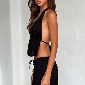 Mxiqqpltky Women Sexy 2 Piece Outfits Stripe Tie Up Halter Neck Sleeveless Backless Cut Out Top and Loose Pants Set Clubwear (Black, S)