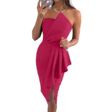 LYANER Women's Strapless Tube Ruffle Trim Wrap Bodycon Split Cocktail Midi Dresses Rose Small