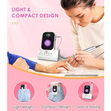 Portable Nail Drill Electric File: 40000RPM Professional Rechargeable Nail E-File Machine, Cordless Nail Drill with Bits & Base for Acrylic Nails Remove Nail Gel Polish Manicure for Salon Home, White