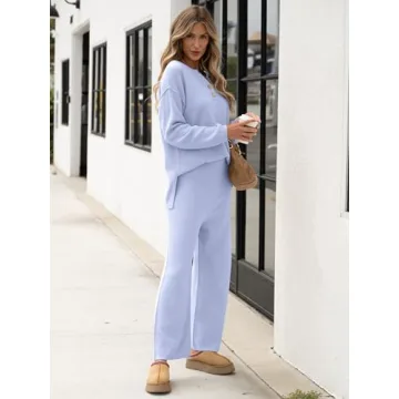 ANRABESS Women 2 Piece Outfits Oversized Loose Waffle Knit Sweater Set 2024 Fall Trendy Matching Lounge Sets Cozy Clothes sky blue Medium