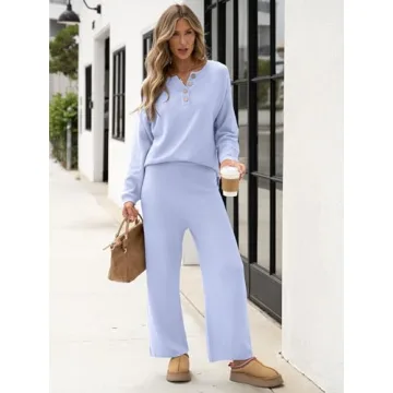 ANRABESS Women 2 Piece Outfits Oversized Loose Waffle Knit Sweater Set 2024 Fall Trendy Matching Lounge Sets Cozy Clothes sky blue Medium