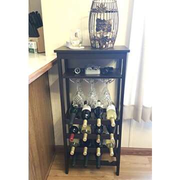 URFORESTIC Bamboo Wine Rack Free Standing Wine Holder Display Shelves with Glass Holder Rack, 16 Bottles Stackable Capacity for Home Kitchen