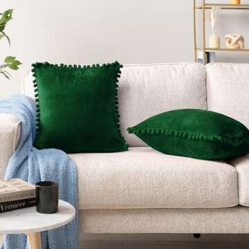 PAVILIA Emerald Green Throw Pillow Covers with Pom Pom 18x18 Set of 2, Decorative Pillow Cases for B...