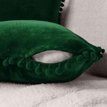 PAVILIA Emerald Green Throw Pillow Covers with Pom Pom 18x18 Set of 2, Decorative Pillow Cases for Bedroom Aesthetic, Small Throw Pillows Set for Bed, Velvet Euro Plush Cushion Covers for Sofa Couch