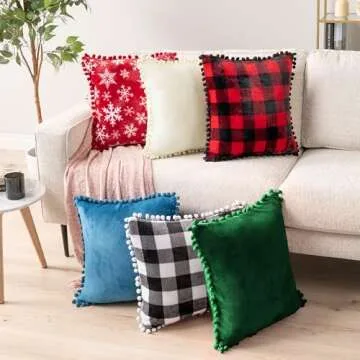 PAVILIA Emerald Green Throw Pillow Covers with Pom Pom 18x18 Set of 2, Decorative Pillow Cases for Bedroom Aesthetic, Small Throw Pillows Set for Bed, Velvet Euro Plush Cushion Covers for Sofa Couch