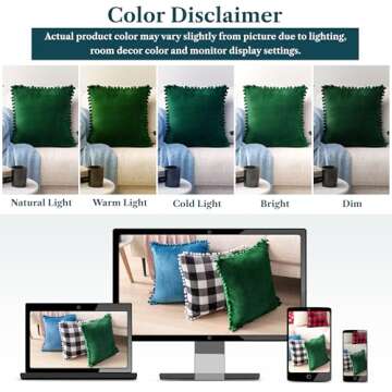 PAVILIA Emerald Green Throw Pillow Covers with Pom Pom 18x18 Set of 2, Decorative Pillow Cases for Bedroom Aesthetic, Small Throw Pillows Set for Bed, Velvet Euro Plush Cushion Covers for Sofa Couch