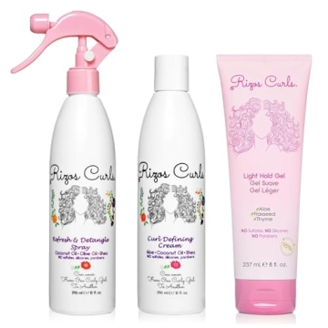 Rizos Curls Styling Starter Kit, Refresh and Detangle Spray & Curl Defining Cream & Light Hold Gel B...