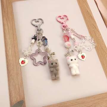 Nalefow Cute Pink Keychain, Fuzzy Cat Keychain Aesthetic Y2K Charms Stylish Keychains Accessories fo...