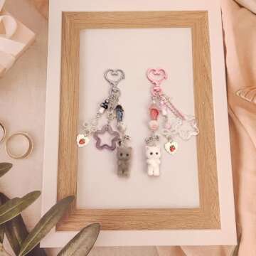 Nalefow Cute Pink Keychain, Fuzzy Cat Keychain Aesthetic Y2K Charms Stylish Keychains Accessories for Bag Charms Purse Gifts (2PCS Grey Pink Cat Sets)