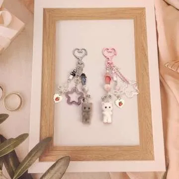 Nalefow Cute Pink Keychain, Fuzzy Cat Keychain Aesthetic Y2K Charms Stylish Keychains Accessories for Bag Charms Purse Gifts (2PCS Grey Pink Cat Sets)