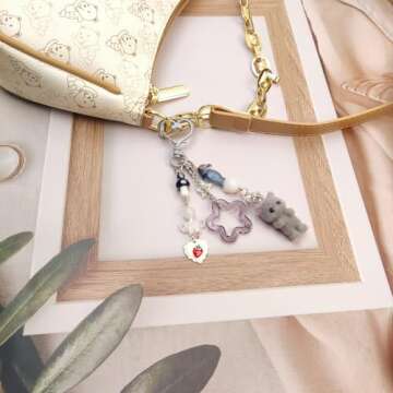 Nalefow Cute Pink Keychain, Fuzzy Cat Keychain Aesthetic Y2K Charms Stylish Keychains Accessories for Bag Charms Purse Gifts (2PCS Grey Pink Cat Sets)