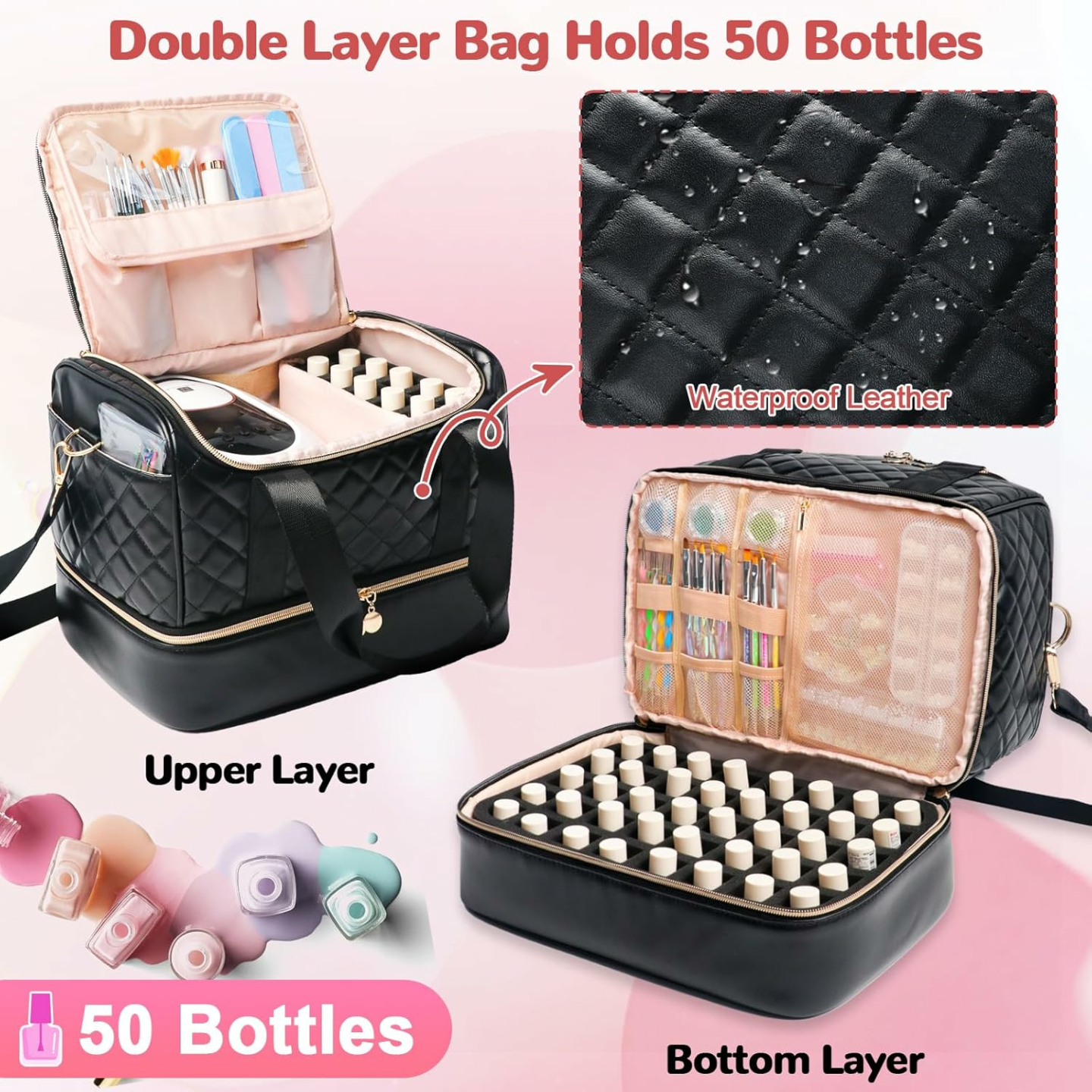 Nail Polish Organizer Bag for 50 Bottles & Nail Lamp