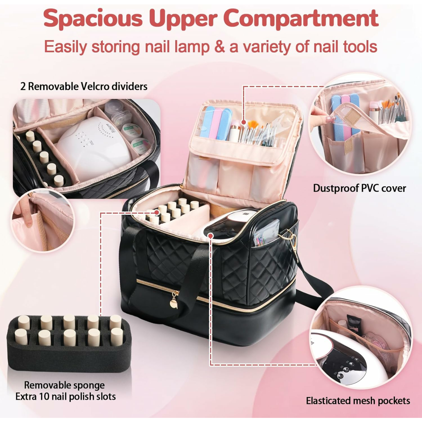 Nail Polish Organizer Bag for 50 Bottles & Nail Lamp