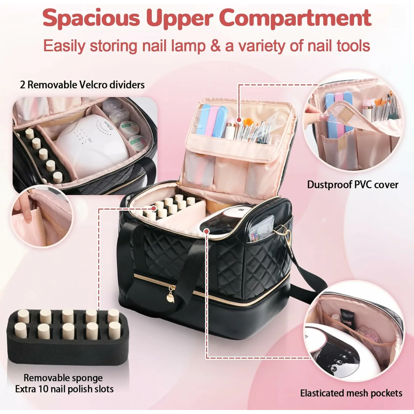 Nail Polish Organizer Bag for 50 Bottles & Nail Lamp