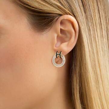 Hothink Gold Stud Earrings 14K Gold Earrings Enamel Earrings H Stud Earrings for Women Birthday Gifts for Women (Gold-Black)