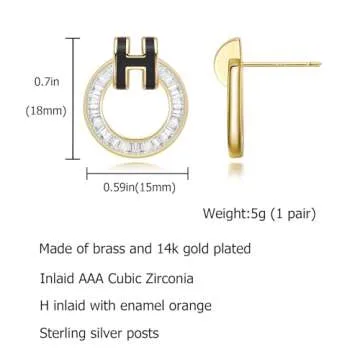 Hothink Gold Stud Earrings 14K Gold Earrings Enamel Earrings H Stud Earrings for Women Birthday Gifts for Women (Gold-Black)