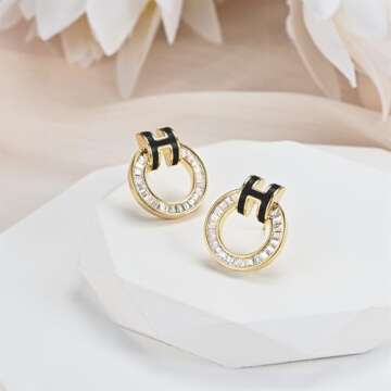 Hothink Gold Stud Earrings 14K Gold Earrings Enamel Earrings H Stud Earrings for Women Birthday Gifts for Women (Gold-Black)