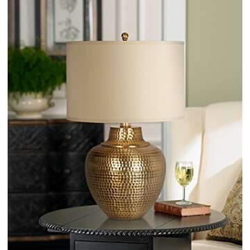 Franklin Iron Works Maison Loft Rustic Farmhouse Table Lamp 27" Tall Hammered Antique Brass Cream Li...