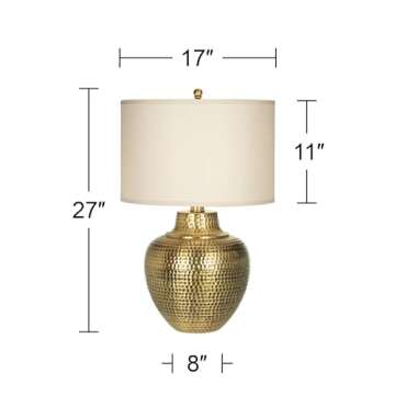 Franklin Iron Works Maison Loft Rustic Farmhouse Table Lamp 27" Tall Hammered Antique Brass Cream Linen Drum Shade for Living Room Bedroom Bedside Nightstand Office Family Traditional