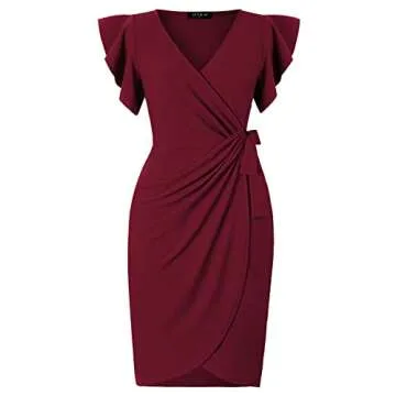 Oten Women's Deep V Neck Ruffle Sleeve Sheath Casual Cocktail Dress in Burgundy X-Large