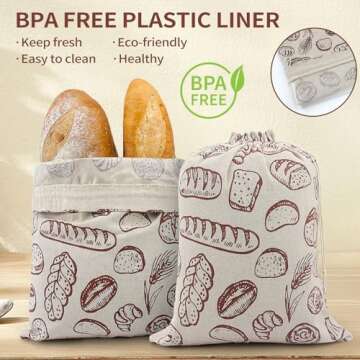 2 Pack Bread Bags for Homemade Bread Sourdough, Reusable Linen Bread Storage with Plastic Lined Brea...