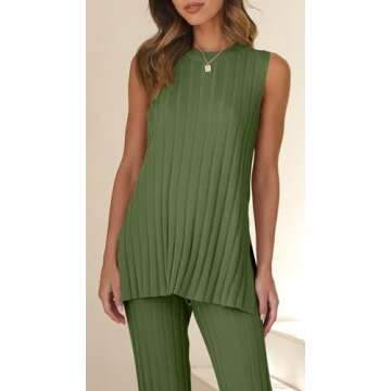 Tankaneo Two Pieces Outfits Sleeveless Top Knit Sets Trendy Lounge Long Pajamas Set Military Green