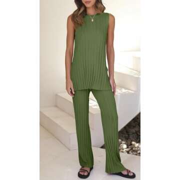 Tankaneo Two Pieces Outfits Sleeveless Top Knit Sets Trendy Lounge Long Pajamas Set Military Green
