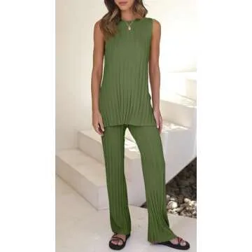 Tankaneo Two Pieces Outfits Sleeveless Top Knit Sets Trendy Lounge Long Pajamas Set Military Green