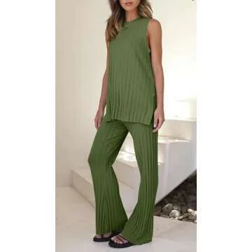 Tankaneo Two Pieces Outfits Sleeveless Top Knit Sets Trendy Lounge Long Pajamas Set Military Green