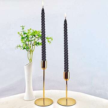 SEVEN LUCKY LIGHT Black Taper Candles,Metal Style 10 inch Black Candle Sticks,8 hrs Clean Burning Spiral Taper Candles Set of 4,Ture Dripless Candlesticks