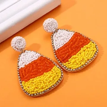 CEALXHENY Halloween Earrings Beaded Boo Earrings for Women Spooky Ghost Pumpkin Drop Dangle Earrings Handmade Gothic Costume Party Earrings Holiday Festive Jewelry Gifts (Candy Corn)