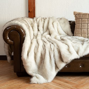 Luxury White Faux Fur Throw Blanket with Black Tips