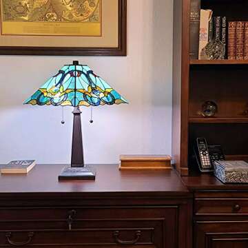 Tiffany Style Table Lamp Banker 20" Tall Stained Glass White Green Red Brown Yellow Vintage Antique ...
