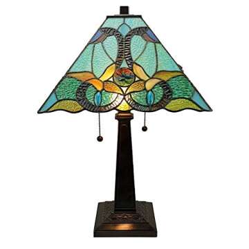 Tiffany Style Table Lamp Banker 20" Tall Stained Glass White Green Red Brown Yellow Vintage Antique Light Décor Nightstand Living Room Bedroom Handmade Gift AM254TL14B Amora Lighting