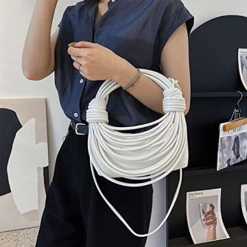 JBB Women White Shoulder Purse - Knotted Woven Tote Hobo Bag Evening Party Leather Satchel Handbag with Zipper