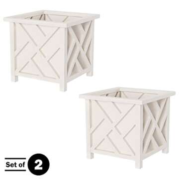 Lattice Design Planter Box 2-Pack – 14.75-Inch Decorative Outdoor Flower or Plant Pots – Front Porch, Patio, and Garden Decor by Pure Garden (White)