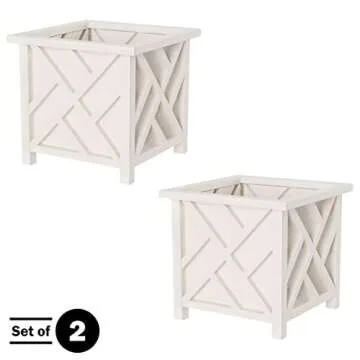 Lattice Design Planter Box 2-Pack – 14.75-Inch Decorative Outdoor Flower or Plant Pots – Front Porch, Patio, and Garden Decor by Pure Garden (White)